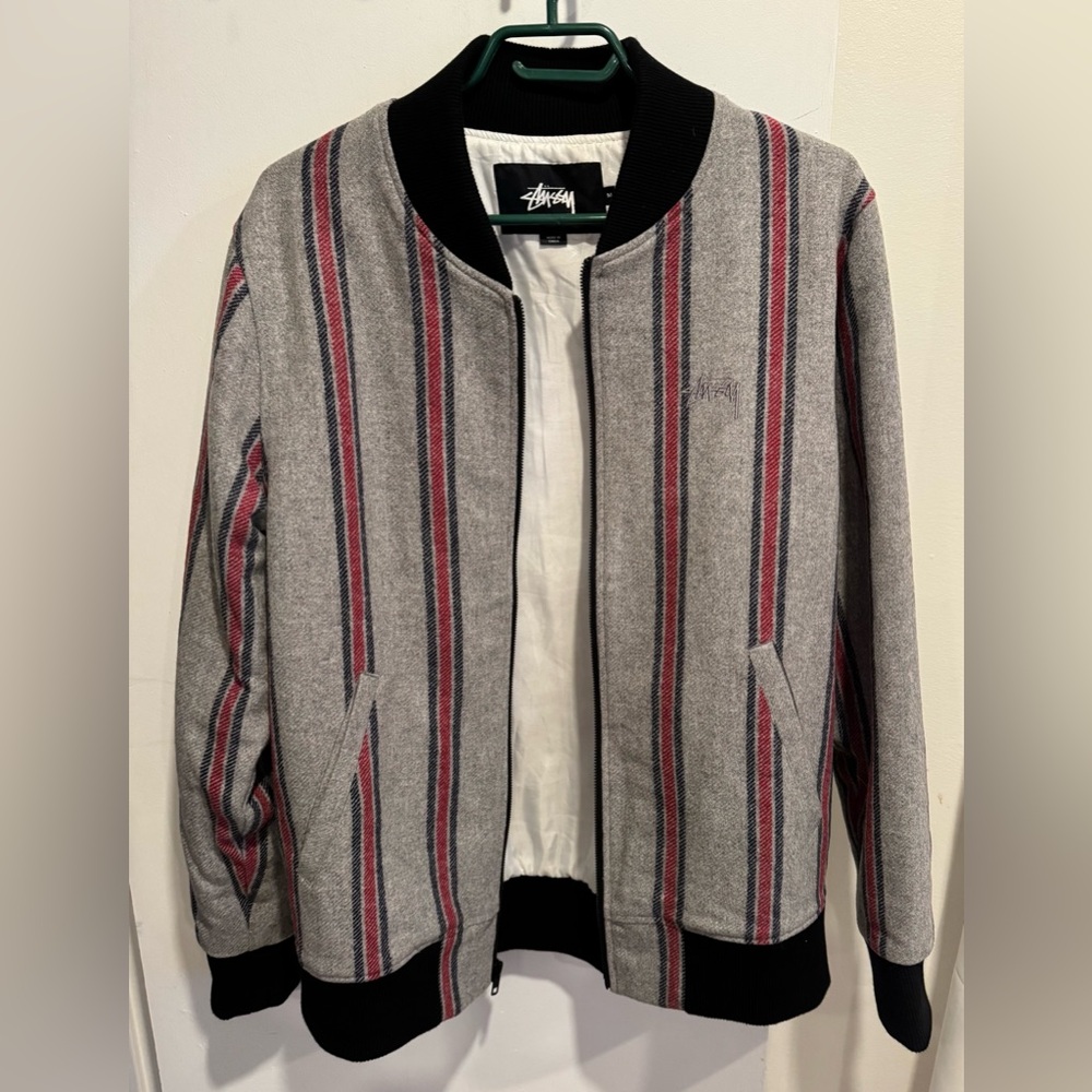 STUSSY wool bomber striped jacket slim hipster gray red street light street M